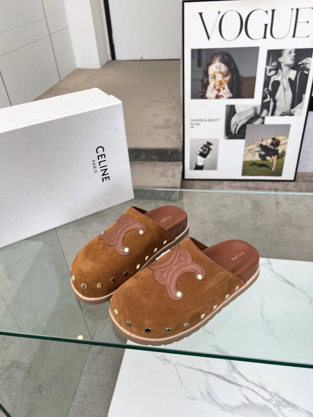 CELINE Calfskin Leather Triomphe Embossed Mules Slides Slippers - Picture 4 of 8
